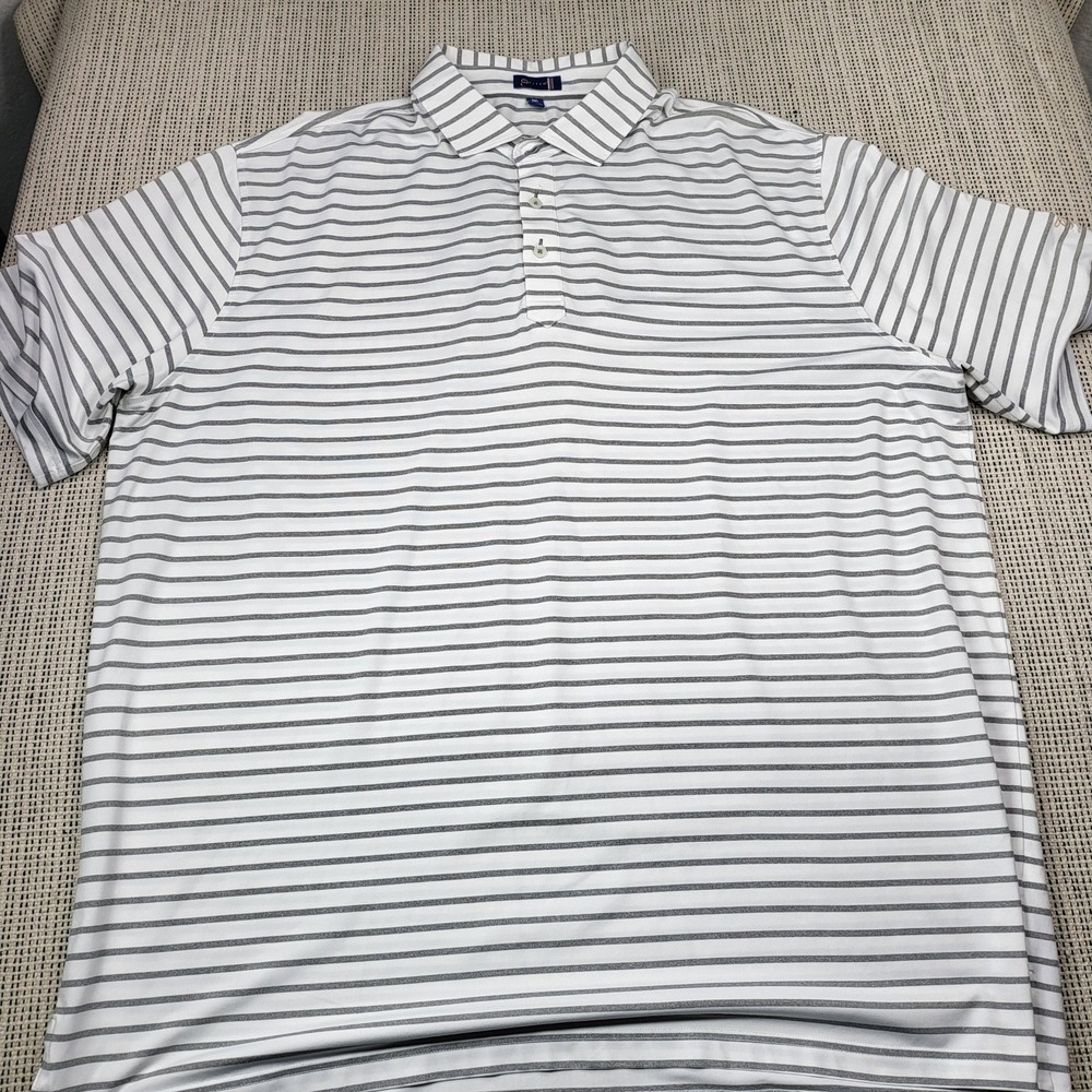 Stitch Polo Shirt Mens 2XL White Gray Stripe AC Logo Golf‎ Short Sleeve Casual